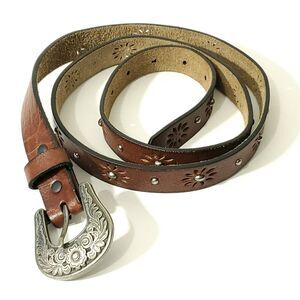 Vtg Brown Leather Belt XL Studded Floral Laser Cutout Nickel Decorated Buckle